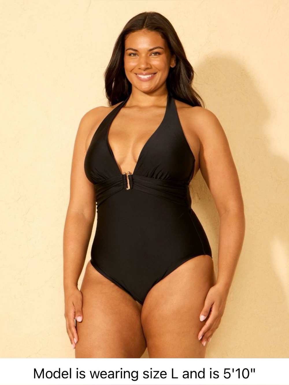 NWT Shade & Shore Long Torso U-Wire Halter Plunge One Piece Swimsuit Black XL